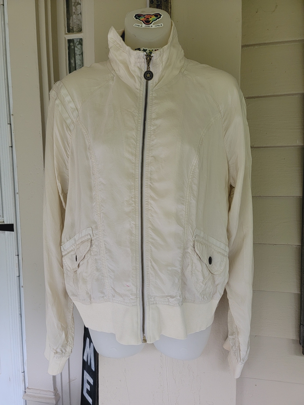 Converse One Star Line Y2k Light Cream Zip Bomber Parachute Style Cargo Jacket